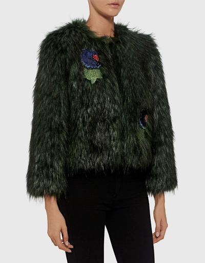 Embellished Appliques Cropped Fur Coat