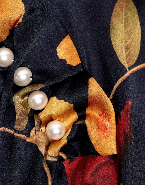 Senna珍珠花卉絲綢緞面女式襯衫