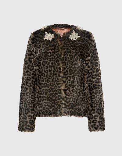 Duncan Embellished Leopard Animal-print Faux Fur Coat