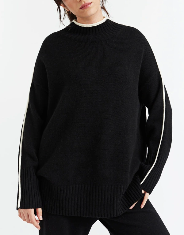 Wool-Cashmere Piped Sweater -Black
