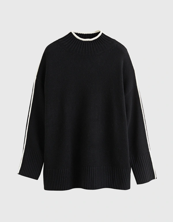 Wool-Cashmere Piped Sweater -Black