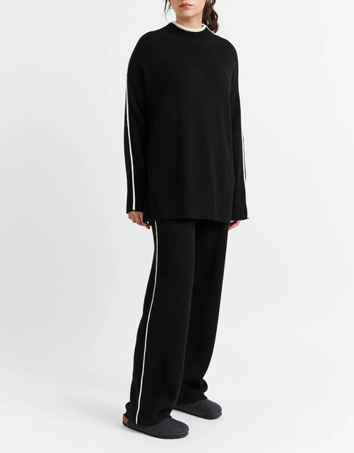 Wool-Cashmere Piped Wide-Leg Pants-Black