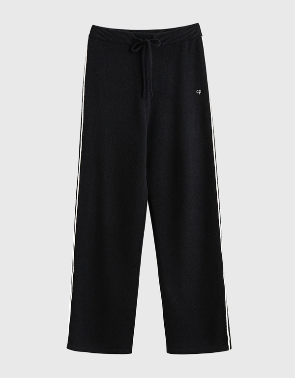 Wool-Cashmere Piped Wide-Leg Pants-Black