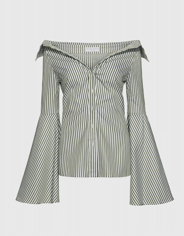 Caroline Constas Persephone Off-the-shoulder Bell Sleeve Striped Shirt