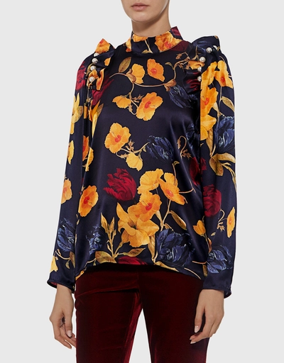 Senna珍珠花卉絲綢緞面女式襯衫