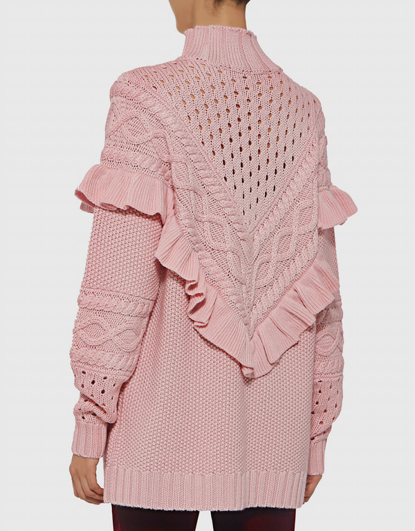 Vogue Pink V Neck Ruffled Patchwork Cotton Knit Sweater Winter main image 0