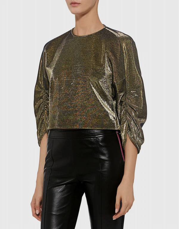 Ruched Sleeve Metallic Cropped Top