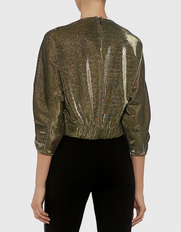 Ruched Sleeve Metallic Cropped Top
