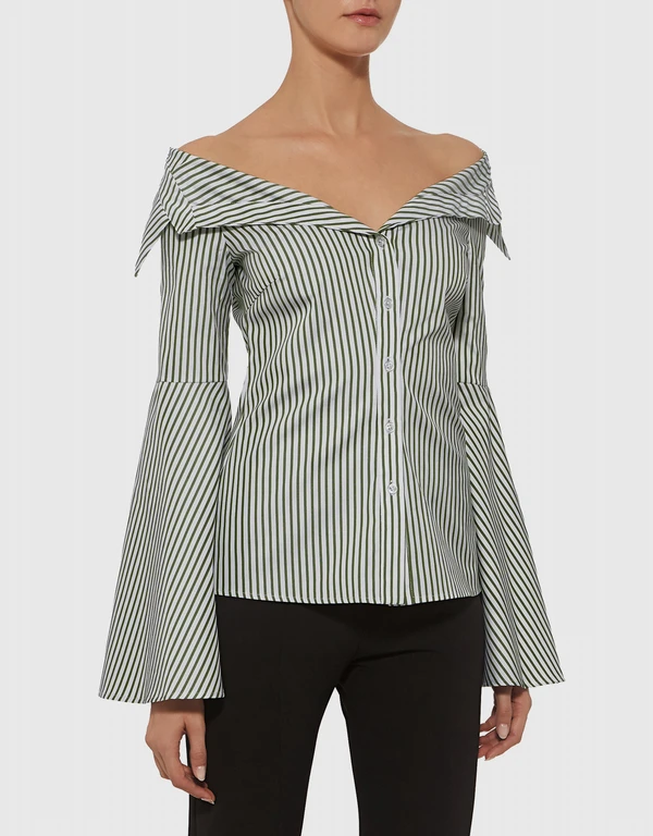 Caroline Constas Persephone Off-the-shoulder Bell Sleeve Striped Shirt