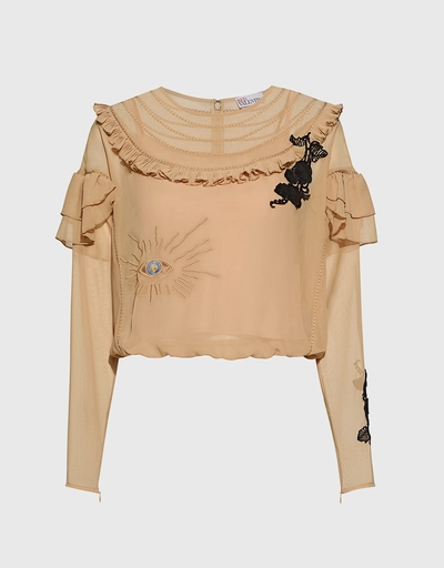 Embroidered Appliques Chiffon Ruffle Cropped Blouse