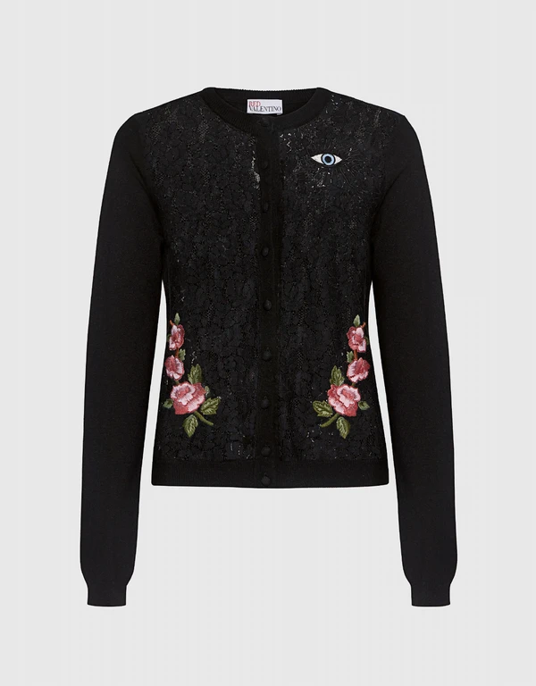 Eye and Floral Embroidered Lace Cardigan