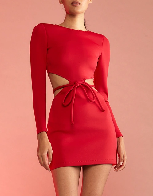 Bonded Cutout Pickstitch Dress-Red