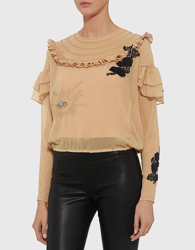 Embroidered Appliques Chiffon Ruffle Cropped Blouse