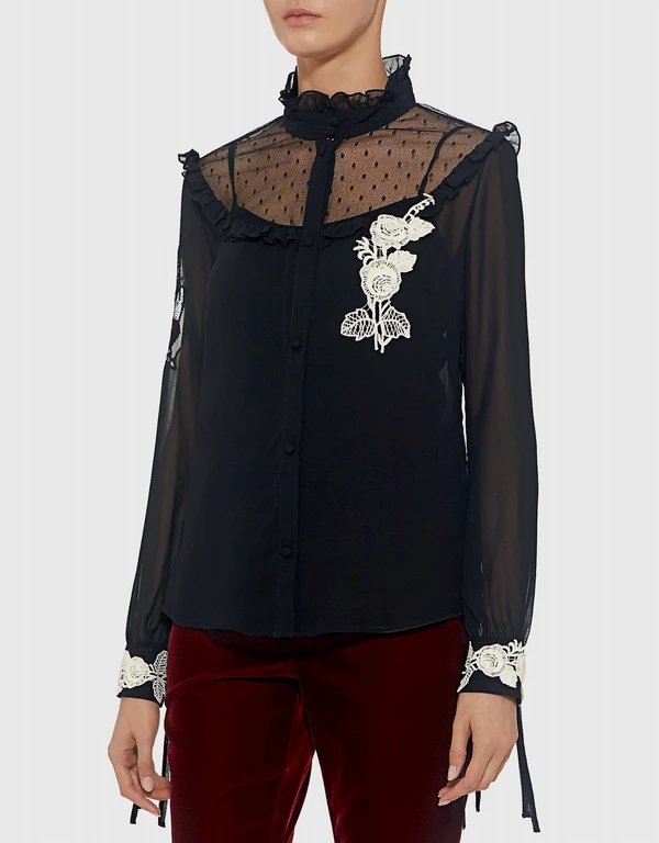 Embroidered Lace Appliqued Chiffon Blouse