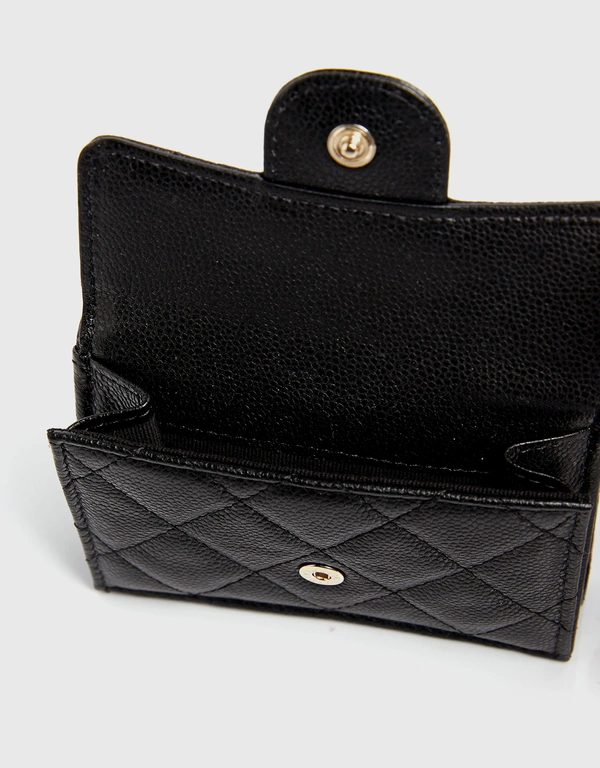 Classic Grained Leather Flap Wallet With Golden Hardware