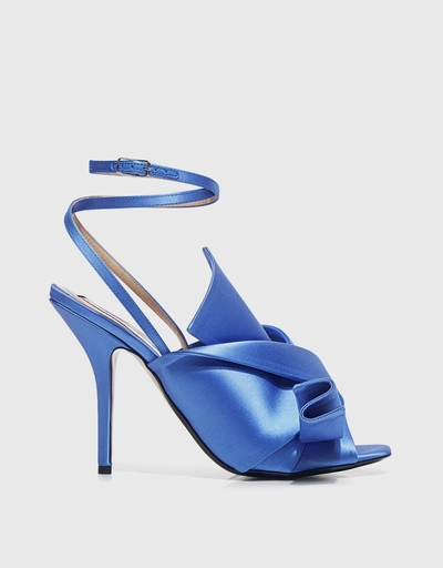 Pointed-Toe Knot Satin Ankle Strap Heeled Sandals