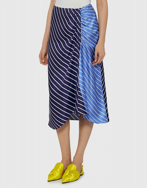 Tibi Delphina Stripe Shirred Silk Midi Skirt 