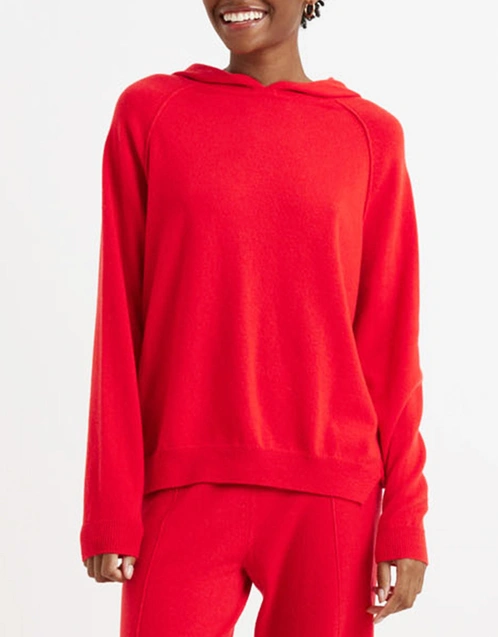 羊毛羊絨寬鬆針織連帽衫 -Bright-Red