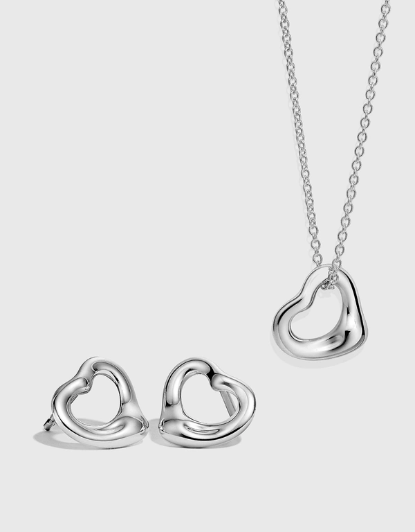 Tiffany & Co. Elsa Peretti  Sterling Silver Open Heart Pendant Necklace And Earrings Set