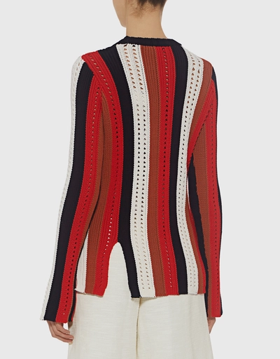 Pointelle-knit Striped Knit Top