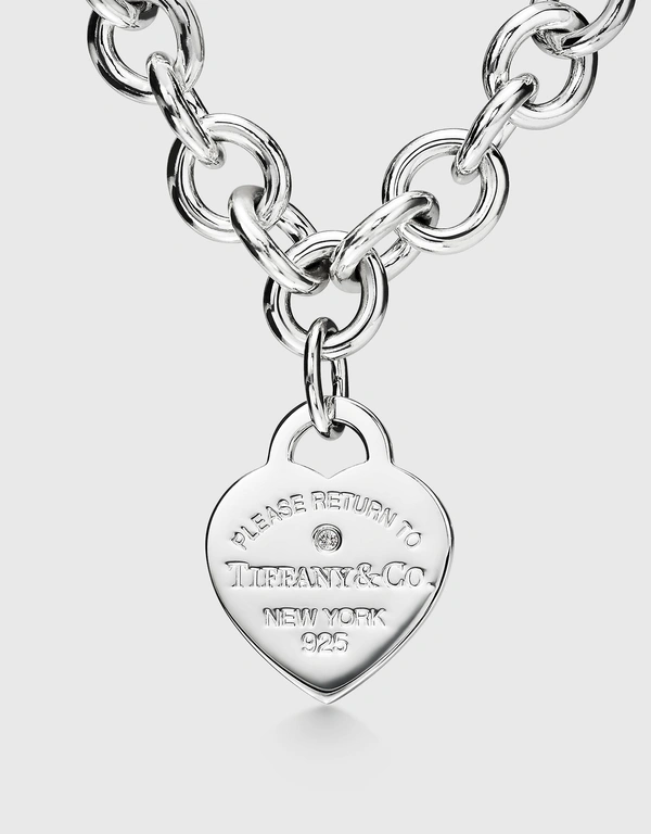 Tiffany & Co. Return To Tiffany Medium Sterling Silver Diamond Heart Tag Chain Link Pendant Necklace