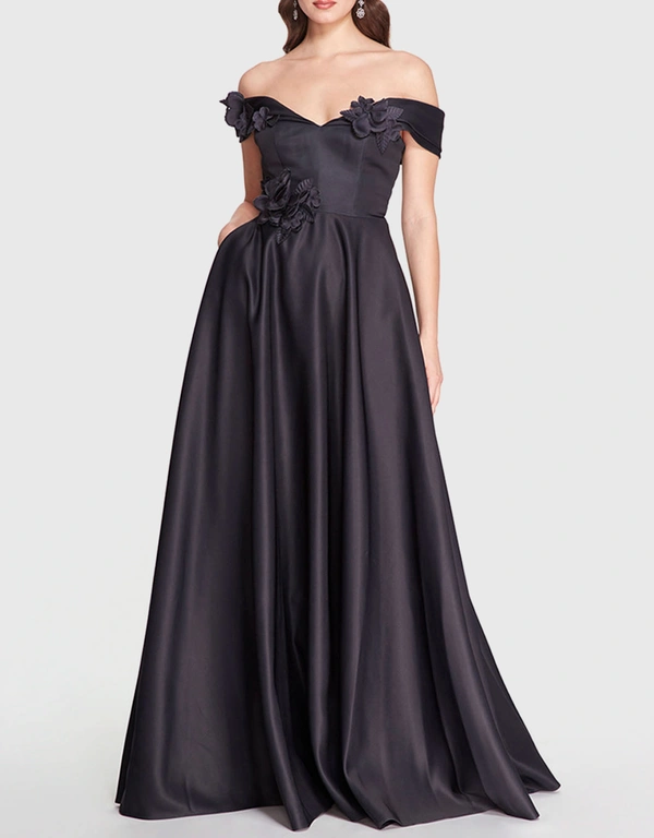 Marchesa Notte Duchess 3D Floral Applique Satin Ball Gown -Navy