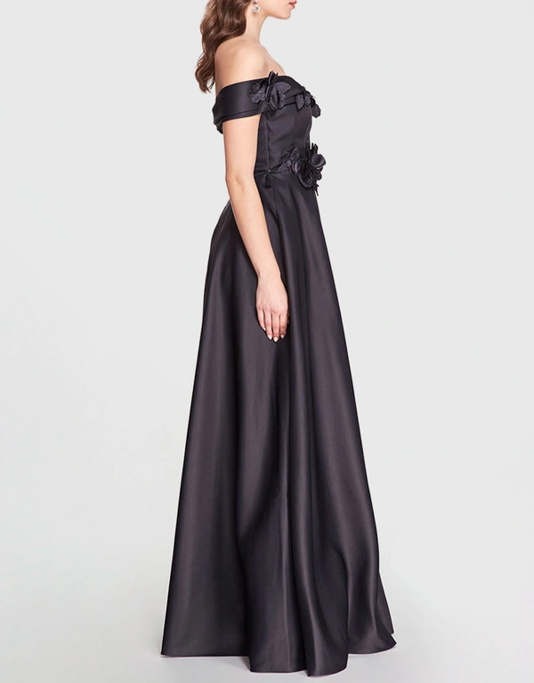 Marchesa Notte Duchess 3D Floral Applique Satin Ball Gown -Navy