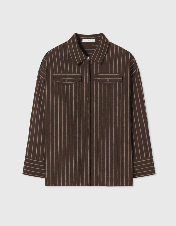 Co Oversized Patch Pocket Button Down Shirt in Linen  - Brown Stripe