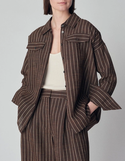 Oversized Patch Pocket Button Down Shirt in Linen  - Brown Stripe