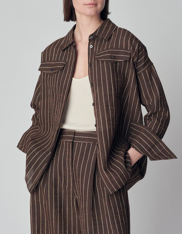 Co Oversized Patch Pocket Button Down Shirt in Linen  - Brown Stripe