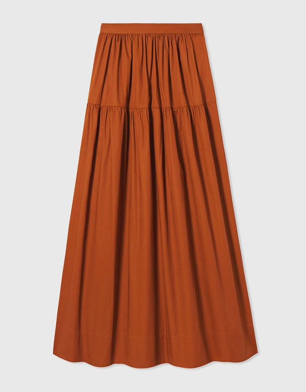 Co Tiered Shirred Midi Skirt in Cotton Poplin  - Chestnut