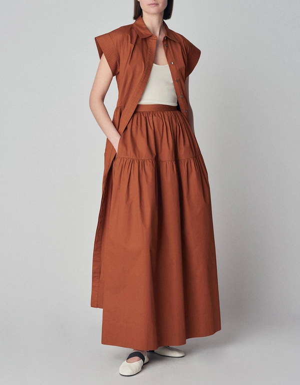 Co Tiered Shirred Midi Skirt in Cotton Poplin  - Chestnut