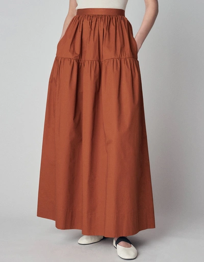 Tiered Shirred Midi Skirt in Cotton Poplin  - Chestnut