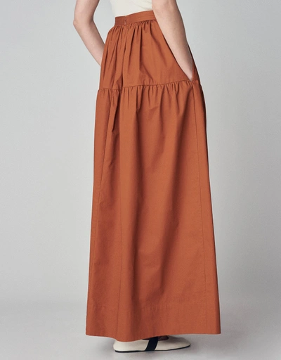 Tiered Shirred Midi Skirt in Cotton Poplin  - Chestnut