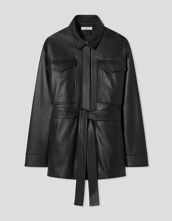 Co Belted Shirt Jacket in Leather  - Black