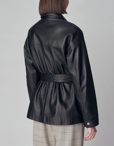Belted Shirt Jacket in Leather  - Black