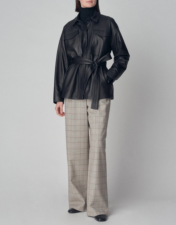 Co Belted Shirt Jacket in Leather  - Black