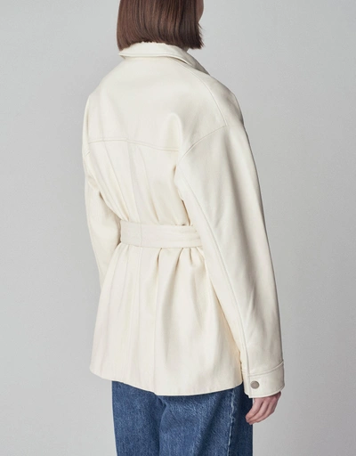 Belted Shirt Jacket in Leather  - Ivory