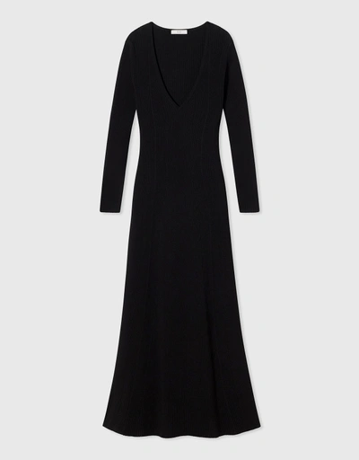 Long Sleeve V-Neck Ribbed Knit Dress  - Black