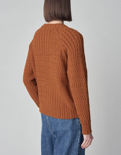 Patchwork Cable Knit Cardigan in Cotton  - Chestnut
