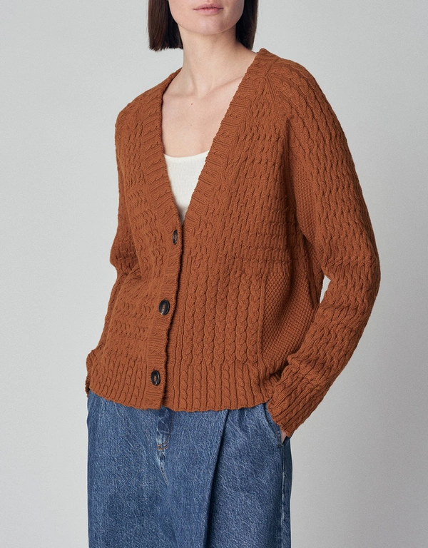 Co Patchwork Cable Knit Cardigan in Cotton  - Chestnut