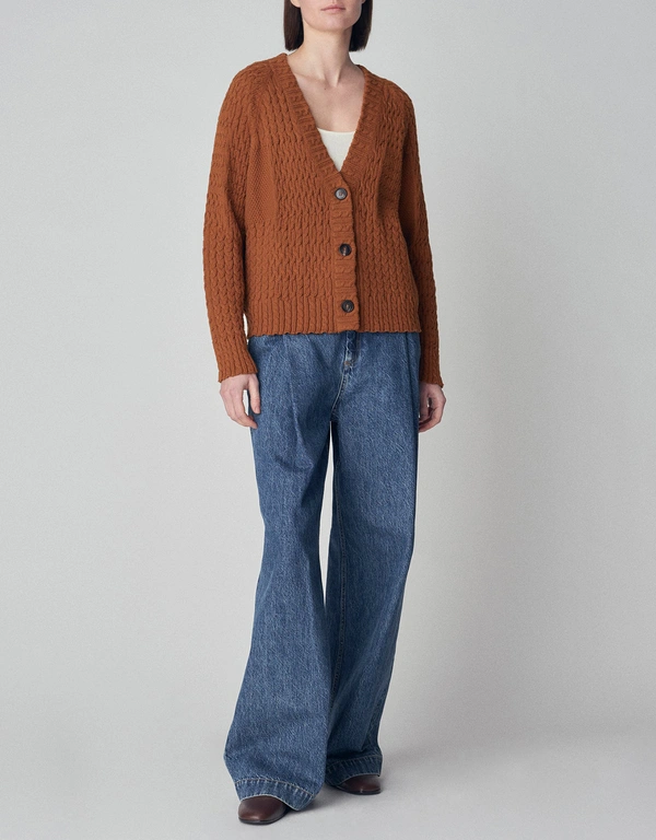 Co Patchwork Cable Knit Cardigan in Cotton  - Chestnut