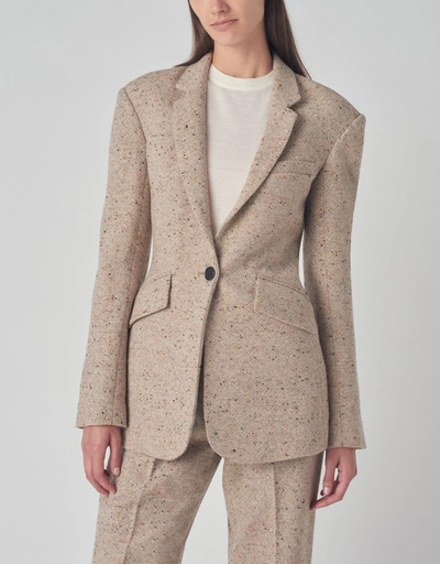 Cinched Waist Tweed Blazer in Virgin Wool - Brown Multi