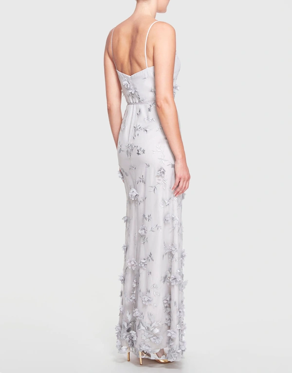 Marchesa Notte Bridesmaids Savona 3D Floral Fitted Gown-DoveGrey