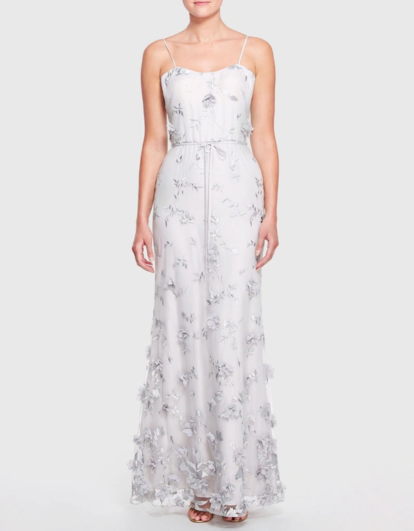 Marchesa Notte Bridesmaids Savona 3D Floral Fitted Gown-DoveGrey