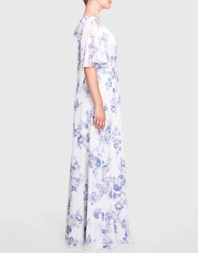 Rome Printed Floral Wrap Gown-DustyBlue