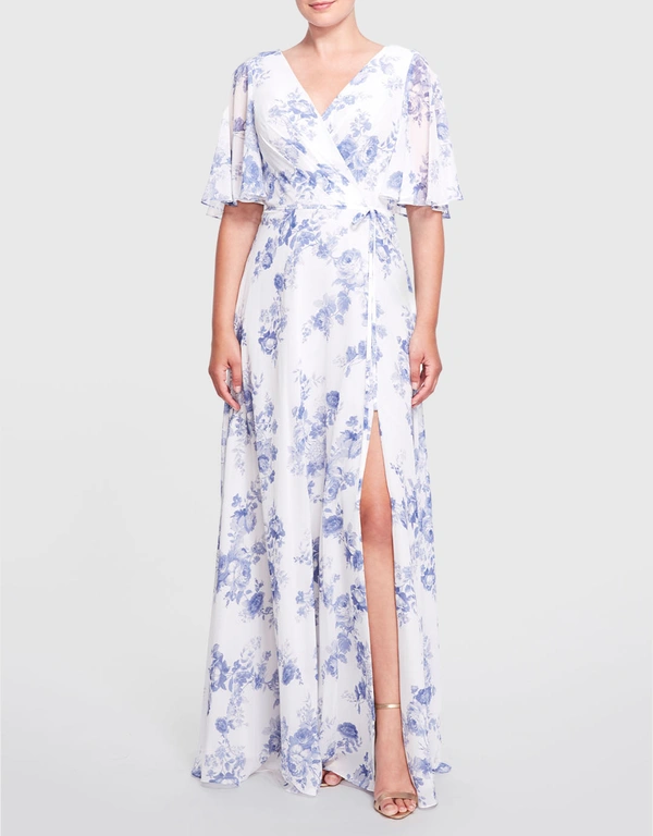 Marchesa Notte Bridesmaids Rome Printed Floral Wrap Gown-DustyBlue