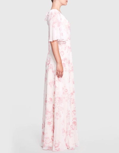 Rome Printed Floral Wrap Gown-Blush