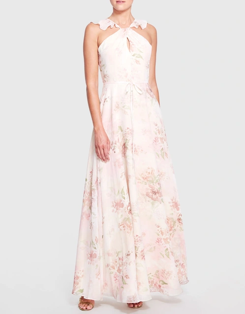 Printed chiffon high-low dress with hand-embroidered collar