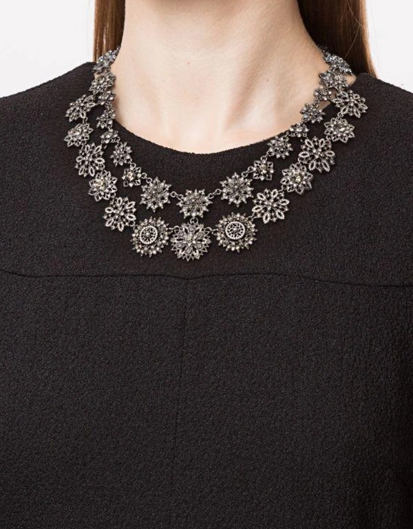 Marchesa Notte Black Crystal Encrusted Double Strand Flower Necklace